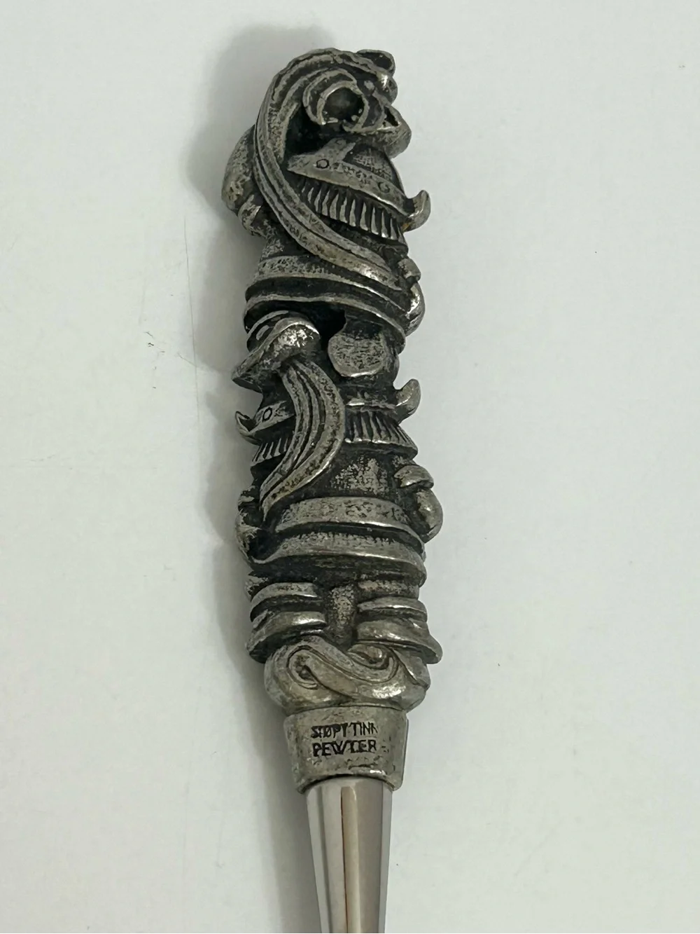 Norwegian Stopt Tinn Pewter Cheese Slicer with Ornate Handle Vikings